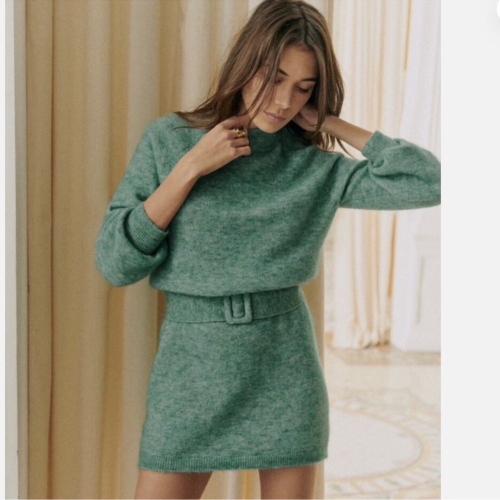 Sezane Green Knit Mini Dress with Belt